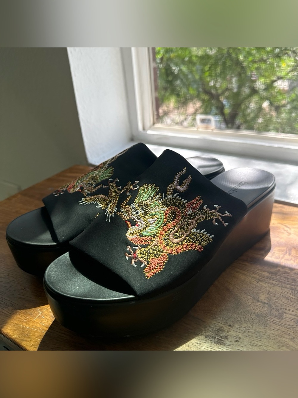 BEBE Black Embroidered Dragon Slide Wedge platform Sandals
